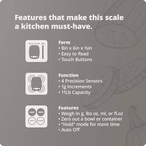 Greater Goods Food Scale – Digital Kitchen Scale, 1g Precision, Easy-Tare & Quick Conversion, Slim Compact Design, Durable & Portable | Ideal for Cooking, Baking & Meal Prep