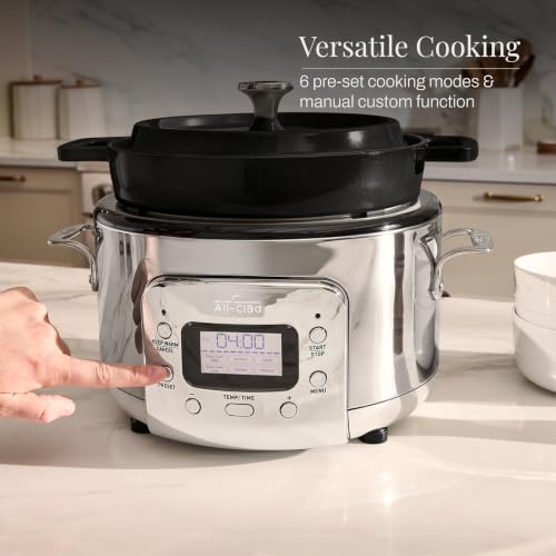 All-Clad 5 Quart 7-in-1 Electric Slow Cooker with Stainless Steel and Cast Iron, 1200W - Black Enamel Crock