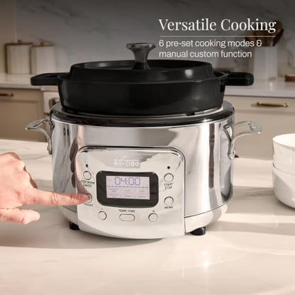 All-Clad 5 Quart 7-in-1 Electric Slow Cooker with Stainless Steel and Cast Iron, 1200W - Black Enamel Crock