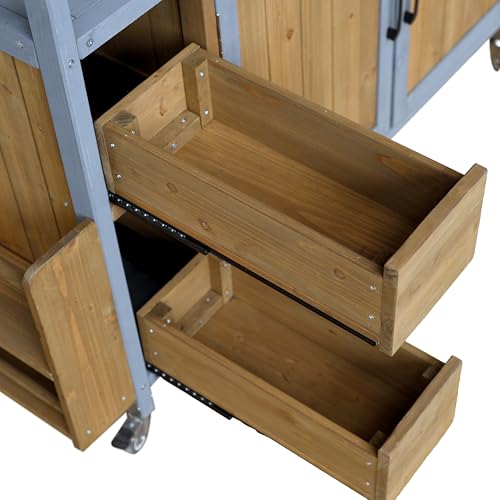 Christopher Knight Home Edsel Outdoor Bar Cart with Stainless Steel Top and Lockable Wheels, Solid Wood Outdoor Storage Cabinet, Kitchen Island Serving Cart for Poolside, Walnut Brown+Blue Gray