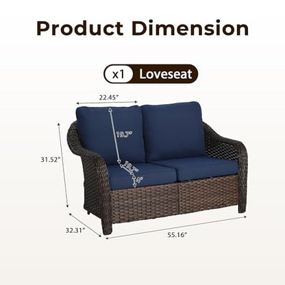 Qsoer 55 inch Outdoor Wicker 2 Seater Sofa, All-Weather Use Patio Rattan Loveseat with Seat and Back Cushion, Ideal for Porch, Backyard, Balcony, Poolside, Blue