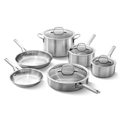Calphalon Brushed 3-Ply Stainless Steel Cookware Set w/Turbo Heat Tech 10 Piece Includes Frying Pans, Pots and Pans Set, Induction, Oven Safe 450F, Brushed Stainless Silver