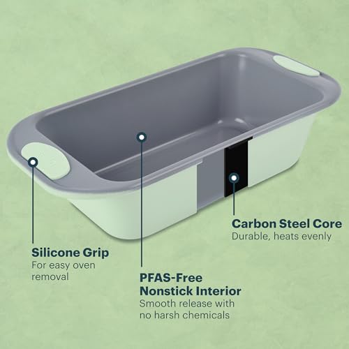 Pyrex 8-Piece Metal Bakeware Set, Lightweight Stainless Steel Baking Trays with Heatsafe Silicone Handles, Cookie & Muffin Sheets, Round/Square Baking Pans, Sage