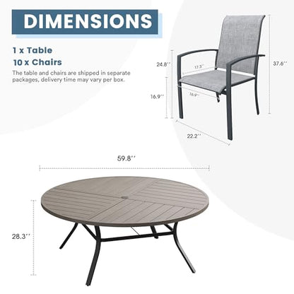 DIFY 11 Pieces Outdoor Dining Set, Metal Patio Table and Chairs Set for 10 with Umbrella Hole, 59.8" Round Dining Table and Textilene Stackable Patio Chairs for Garden Backyard Deck, Grey Wood-Like