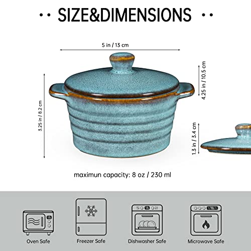 Creme Brulee Ramekins 8 oz with Lids, Oven Safe Bowls for French Onion Soup - Souffle Dish, Mini Covered Casserole Dish, Pot Pie Baking Dishes Set of 4, Reactive Blue