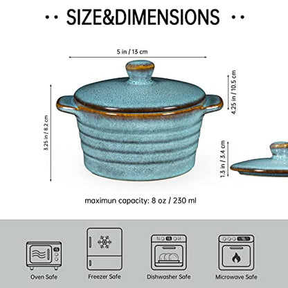 Creme Brulee Ramekins 8 oz with Lids, Oven Safe Bowls for French Onion Soup - Souffle Dish, Mini Covered Casserole Dish, Pot Pie Baking Dishes Set of 4, Reactive Blue