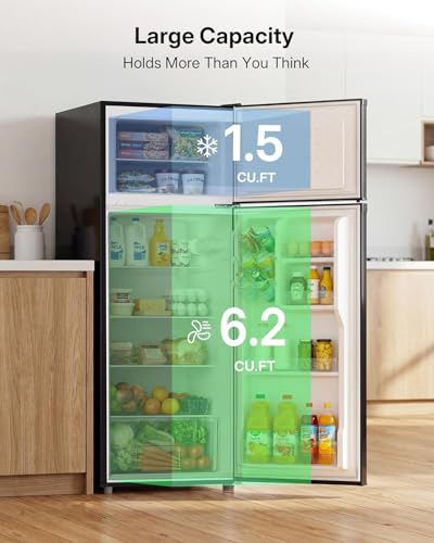 VECU 4.2 Cu.Ft Compact Refrigerator Double Door, Separate Fridge & Freezer Zones, Adjustable Thermostat, Mini Fridge for Kitchen Apartment Dorm Black