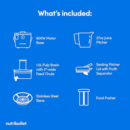 nutribullet® Juicer, 800W Juicer, Large 3" Feed Chute for Whole Fruits and Vegetables, 27oz Juice Pitcher, .5L Pulp Container, Dual Speeds, BPA Free, Gray, NBJ50100