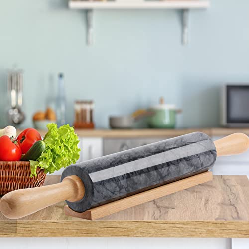 SIPARUI Marble Rolling Pin with Wooden Cradle Thick Handle Set for Baking,18.5 inch Premium Quality Polished Roller for Pizza Dough,Fondant,Pie Crust,Non-Stick Surface Easy to Clean(Black)