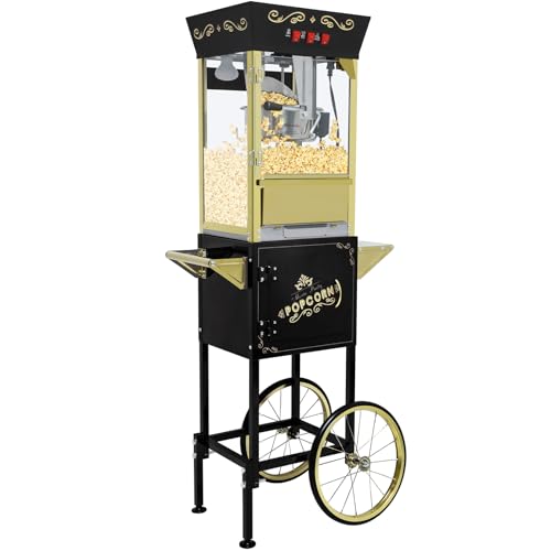 NUEFYR 12 oz Popcorn Machine Cart - Commercial Vintage Popcorn Maker with Storage Stand, Stainless Steel Kettle & Tempered Glass, Ideal for Home Theater, Party Concessions and Carnival Events (Black)