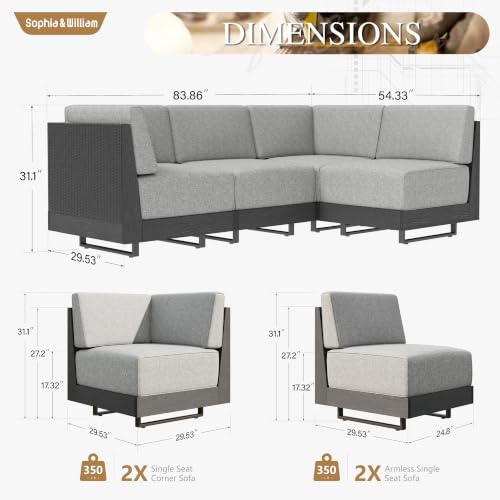 Sophia & William 4 Piece Wicker Patio Furniture Set with 8.7" Gray Cushion