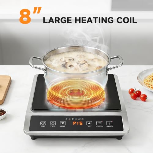 AMZCHEF 1800W Induction Cooktop Commercial: Large 8" Heating Coil Induction Burner with 20 Power & Temperature Levels, Induction Hot Plate with 4 Smart Functions, Induction Stove for Home & Commercial