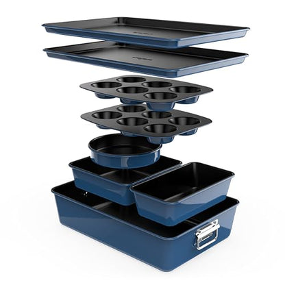 NutriChef 8-Piece Nonstick Bakeware Set - Baking Tray Set w/Non-Stick Coating, 450°F Oven Safe, Round Cake, Loaf, Muffin, Wide/Square Pans, Cookie Sheet (Blue)