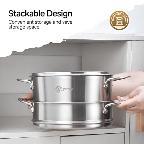 LOLYKITCH 5 Quart Stainless Steel Steamer Pot with Glass Lid, 3-Ply Steaming Pot for Cooking, 2 Tier Induction Steamer Pot for Tamales Seafood Vegetables Dumplings Stock Pot, Thick