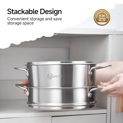 LOLYKITCH 5 Quart Stainless Steel Steamer Pot with Glass Lid, 3-Ply Steaming Pot for Cooking, 2 Tier Induction Steamer Pot for Tamales Seafood Vegetables Dumplings Stock Pot, Thick