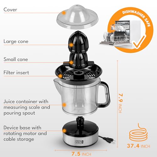 LEBENLANG Orange Juicer Electric - 2 cones & BPA-free I High juice yield & Large Volume I 24oz Lemon Juicer Squeezer I Electric Citrus Juicer Orange Juice Press Juicers Exprimidor De Naranjas Limones