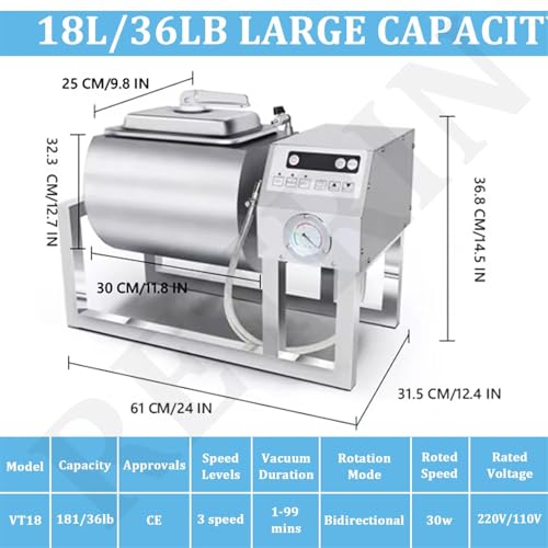 Commercial Automatic Vacuum Tumbler Marinating Machine, 18l Meat Tumbler Machine Three-Speed Bidirectional Rotation Rapid For Chicken Steak Burger Shop