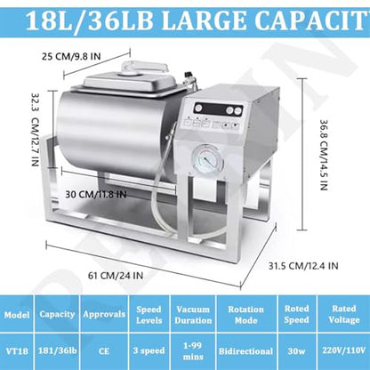 Commercial Automatic Vacuum Tumbler Marinating Machine, 18l Meat Tumbler Machine Three-Speed Bidirectional Rotation Rapid For Chicken Steak Burger Shop