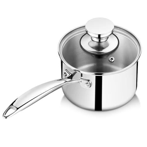 P&P CHEF 1 Quart Tri-Ply Stockpot and Saucepan, Stainless Steel Sauce Pan with Lid, Cooking Induction Pot, Kitchen Cookware for All Stoves, Non-Toxic, Sturdy & Dishwasher Safe, 1 Piece
