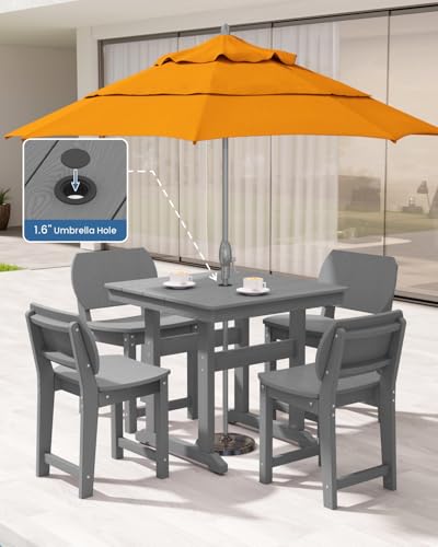 BIVODA 5-Piece HDPE Outdoor Dining Set, Weatherproof Patio Table and Chairs Set for 4, Includes 1 Square Table and 6 Armless Chairs, with Umbrella Hole (Grey)