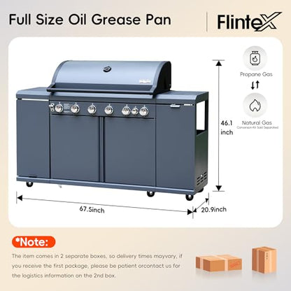 Flintex 6-Burner Propane Gas Kitchen Grill Island with Side Burner,72,000 BTU Stainless Steel BBQ Outdoor Griddle Grill Combo with LPG/NG Convertible and Storage Cabinets & Fold-out Table, Gray