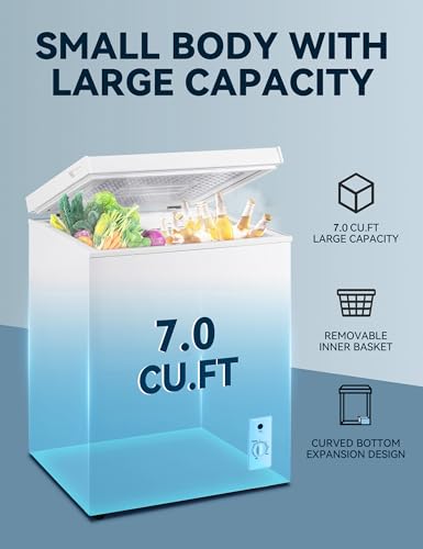 7.0 Cu Ft Chest Freezer - Energy Efficient & Quiet Mini Freezer with Adjustable Thermostat - Compact Deep Freezer for Home, Apartment, and Garage - Removable Basket & Defrost Drain