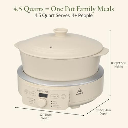 MAGNIFIQUE Slow Cooker, 4.5 Quart 8-in-1 Clay Pot Multi-Cooker, Non-Toxic Slow Cooker for Rice, Pasta, Steam & Proof, Nonstick, Oven Safe Pot to 500°F, Oatmeal