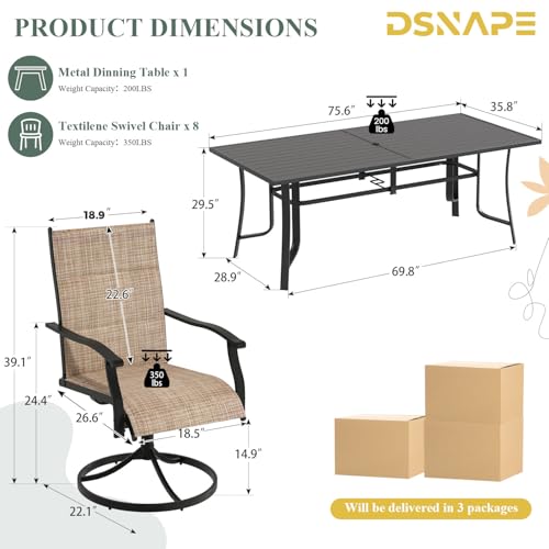 DSNAPE 9 Pieces Patio Table and Chairs Set, 75.6" Metal Dining Table with Umbrella Hole, 8 High Back Textilene Swivel Chairs, Dining Table Set for 8,Outdoor Furniture for Porch Deck Yard Balcony,Brown