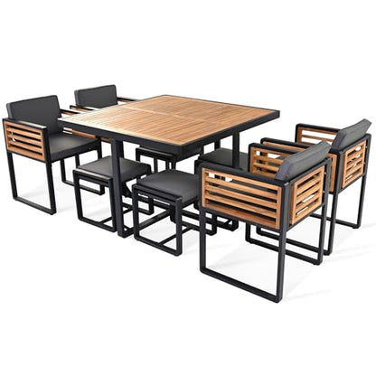 Merax 9 Pieces Outdoor Dining Set for 8 People, Acacia Wood Patio Furniture Sets with 1 Square Table, 4 Cushioned Chairs and 4 Ottomans for Backyard, Garden, Lawn, Poolside, Space Saving Design, Gray