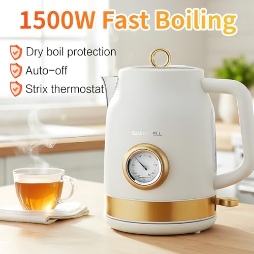 QUAXWELL Retro Electric Tea Kettle, 1.7L, Matte White and Gold