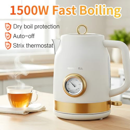 QUAXWELL Retro Electric Tea Kettle, 1.7L, Matte White and Gold