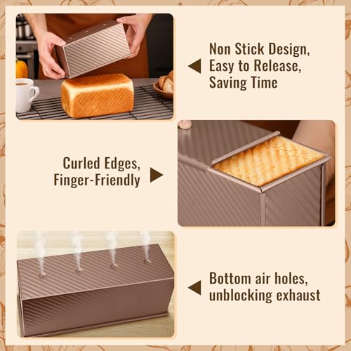 BAISHUN 3 Pack Pullman Loaf Pans with Lids, 2.2LB 1LB 0.5LB Bread Pans, Non-stick Carbon Steel Bread Pans for Homemade Sandwich and Baking Sourdough Bread, Corrugated Toast Mold, Golden