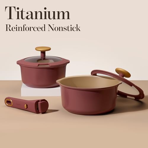 CAROTE 2.0Qt & 3.0Qt Titanium Nonstick Reinforced Sauce Pan Sets with Lid, Non-Stick Saucepans Cookware Set with Pour Spout with Detachable Handle, PFOS, PFOA Free, Induction Comptable, Burgundy