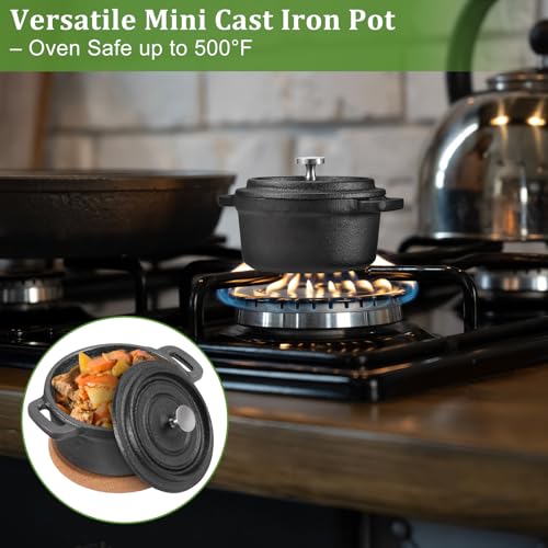 OGANAZI 3 Pcs Mini Cast Iron Dutch Oven Set – 8 oz Garlic Roaster Cocotte Pots with Lids, Handles and Cork Pan Mats Small Cast Iron Pots for Baking, Roasting, BBQ Grill, Stovetop and Oven Use