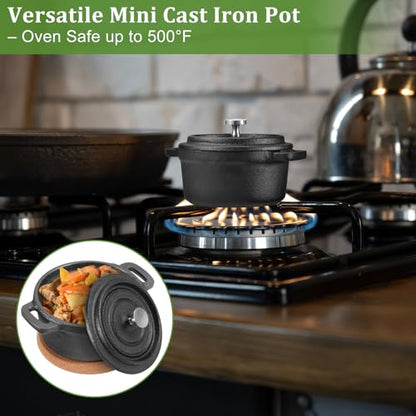 OGANAZI 3 Pcs Mini Cast Iron Dutch Oven Set – 8 oz Garlic Roaster Cocotte Pots with Lids, Handles and Cork Pan Mats Small Cast Iron Pots for Baking, Roasting, BBQ Grill, Stovetop and Oven Use