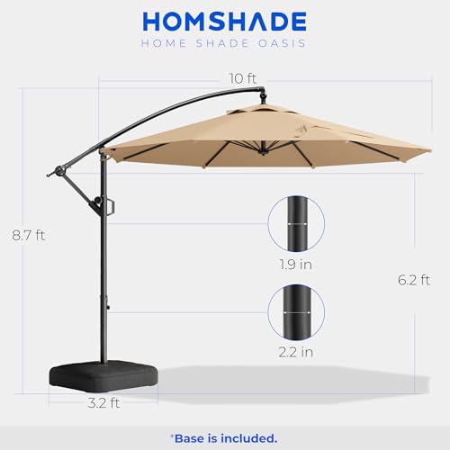HOMSHADE 10ft Offset Patio Umbrella with Base Included, Cantilever Offset Hanging Patio Outdoor Market Umbrella UPF50+ UV Protection with Easy Tilt and Crank for Pool Deck and Garden(Beige)