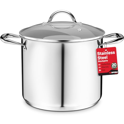 Stainless Steel Stockpot with Tempered Glass Lid 20 Quart, Durable 18/0 Stainless Steel, Impact-Bonded Base for Even Heating, Riveted Handles, Oven & All Stove Compatible, Safe Up To 500°F (260°C)