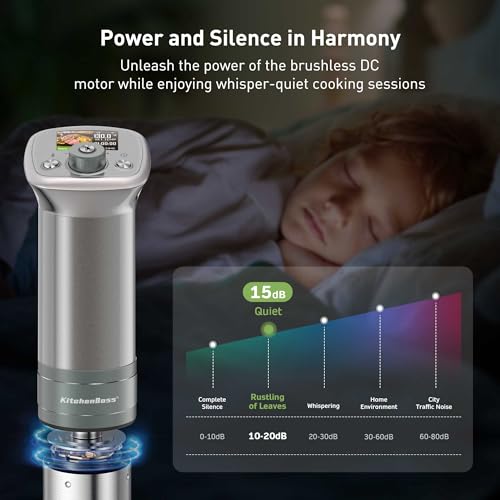 KitchenBoss Wifi Sous Vide Cooker: Ultra-quiet Sous Vide Machine Built-in Color Display Recipes Waterproof, 1100 Watts Sous-vide Immersion Circulator Precision Cooker Magnetic Knob APP Control, Silver