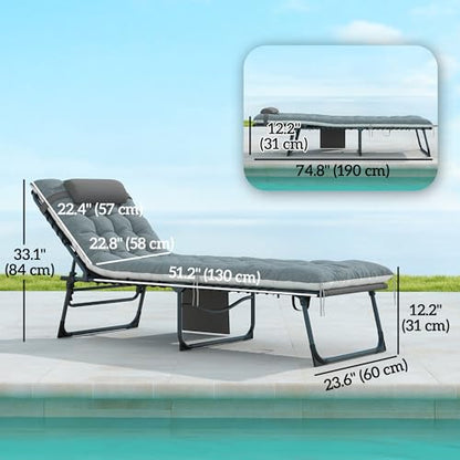 Outsunny Chaise Lounge Chair Outdoor Set of 2, 5-Position Adjustable Outdoor Pool Lounge Chairs, Folding Tanning Chair Beach Lounger with Cushion, Headrest, Side Pocket for Patio, Yard, Gray