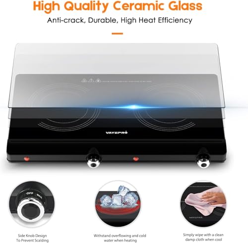Infrared Double Burner Electric Cooktop - 1800W Portable Stove, Heat-up In Seconds, Countertop Cooktop for Dorm, Compatible with All Cookware