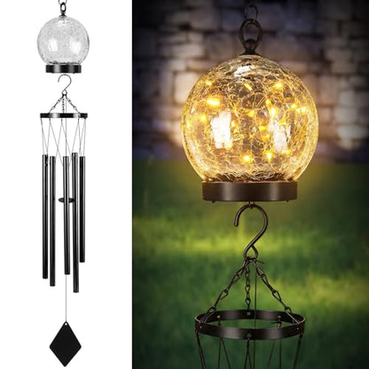 BreezeHug Solar Wind Chimes Outdoor Lights 42 Inch Large Sympathy Gift Chime 15 LED Twinkle Warm White Crackled Glass Ball Hanging Lantern Gifts for Birthday Garden Yard Patio Landscape Decor