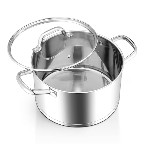 Homikit 5 Quart Stock Pot, Stainless Steel Soup Cooking Pot with Lid for Pasta Sauce Simmering Steaming Stewing, Tri-ply Heavy Bottom Induction Pot, Dishwasher Safe