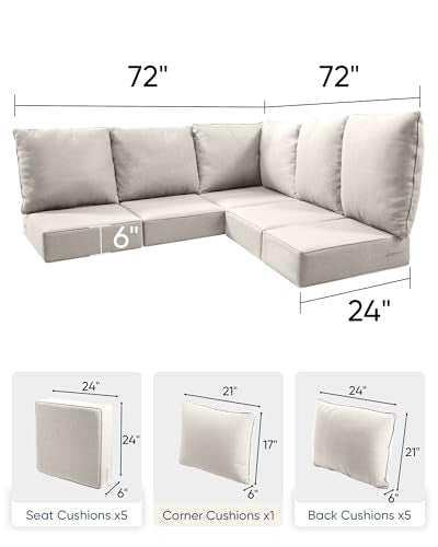 ACTREST Luxury 24x24x6 Outdoor Cushions for 5-Seat Sectional Sofa Set of 5 - Water-Repellent 11-Piece Patio Cushion Set for Outside Rattan Wicker Loveseat Chair L-Shape Couch - Beige/Classic