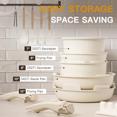 Astercook 21 Pcs Pots and Pans Set Non Stick, Ceramic Cookware Set Detachable Handle, RV Kitchen Cooking Set Removable Handles, Oven Safe, Induction Ready, Stackable, Cream White, Mothers Day Gifts