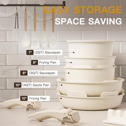 Astercook 21 Pcs Pots and Pans Set Non Stick, Ceramic Cookware Set Detachable Handle, RV Kitchen Cooking Set Removable Handles, Oven Safe, Induction Ready, Stackable, Cream White, Mothers Day Gifts