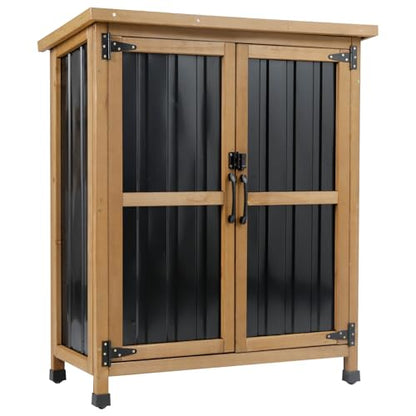 Ketive Outdoor Storage Cabinet, Wood & Metal Small Garden Tool Storage Cabinet with Weather-Resistant Asphalt Roof, Double Lockable Doors & Removable Shelves for Porch, Patio, Garden, Backyard