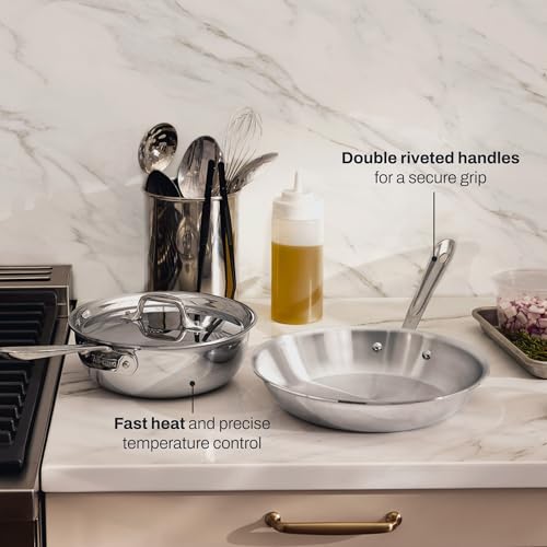 All-Clad D3® Stainless Steel 3 Piece Cookware Set- Made in USA- Includes 10" Frying Pan and 2-Qt Saucier Pan With Lid - Professional Grade -Oven Safe & Induction Compatible
