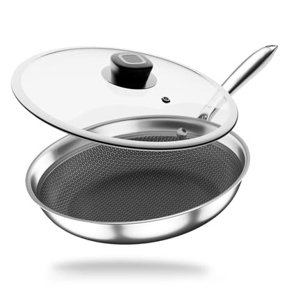 Culinr™ 9” Inch Hexagon Surface Hybrid Stainless Steel Frying Pan with Glass Lid, Oven and Dishwasher Safe, Non-Toxic PFOA Free, Compatible with All Stovetops