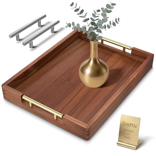 ZENPTIA Acacia Wood Serving Tray with 2 Sets of Handles (Gold & Silver) - 17" Large Wooden Tray for Ottoman Coffee Table, Decorative Tray for Living Room & Kitchen - Solid Wood Table Topper