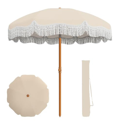 AreShark 7ft Patio Umbrella with Fringe, UPF50+ Beach Umbrella for Table, Pool & Garden, Portable Outdoor Tassels Umbrella w/Fiberglass Ribs&Push Bottom Tilt(Ivory)